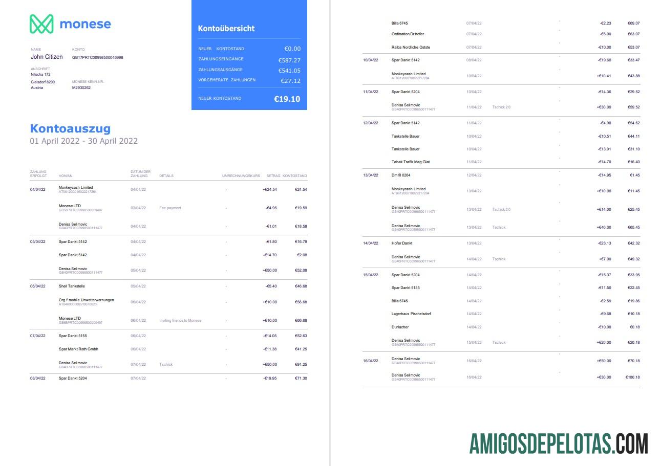Germany Monese Bank Statement On Deutsch, 3 Pages modelo